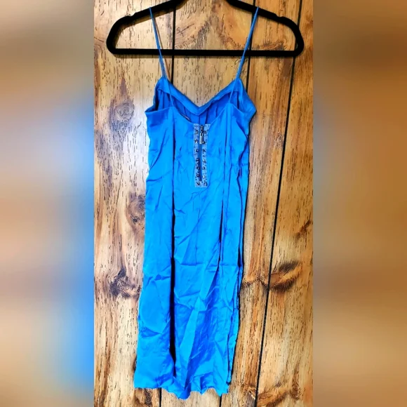 VINTAGE Rebecca Taylor Satin Silk Flowy Blue Dress Size 2 Gem Zip up back - Picture 9 of 12
